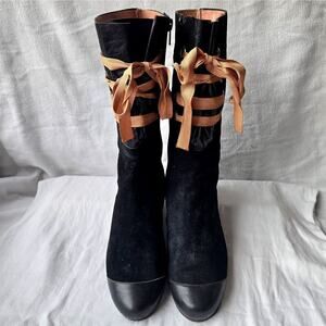 Peter Kent Women's Suede/Leather Flat Boots Black Size 38.5/US 8 Italy